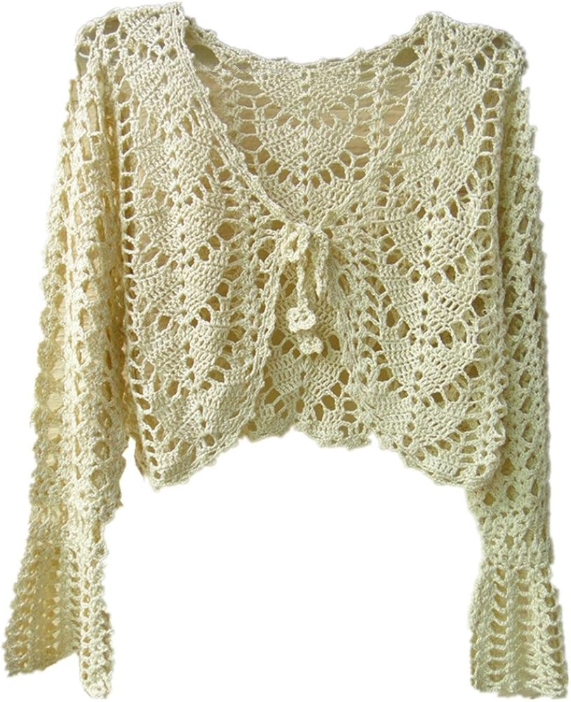 Tie Front Bolero Shrug Floral Crochet Cropped Cardigan Womens Boho Long Sleeve Crop Top for Dress... | Amazon (US)