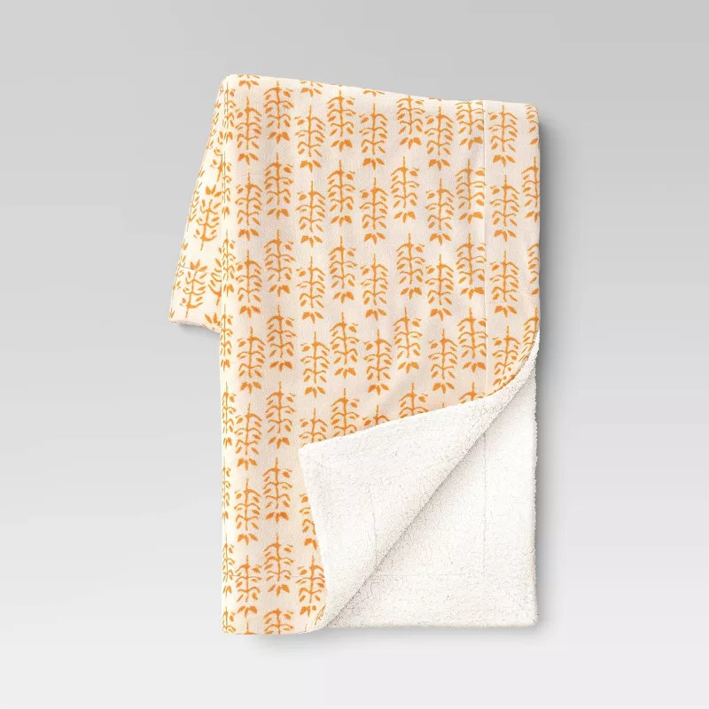 Block Printed Plush Throw Blanket with Faux Shearing Almond/Gold - Threshold™ | Target