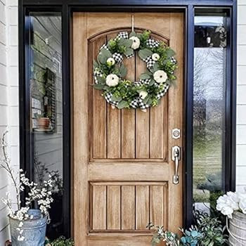 Fall Decor for Home - Fall Wreaths for Front Door - 16 inch White Buffalo Plaid Check Autumn Pump... | Amazon (US)