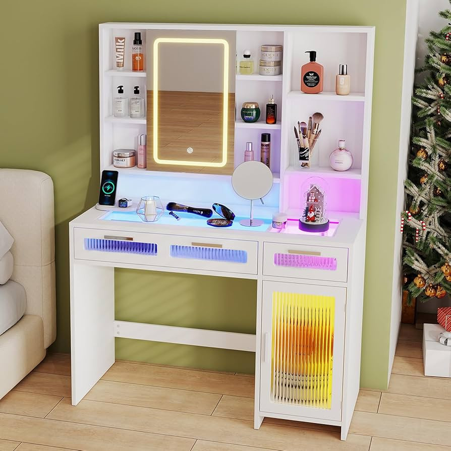 Vanity Desk with Mirror and Lights, Makeup Vanity with Sliding LED Mirror, 3 Lighting Modes & Adj... | Amazon (US)