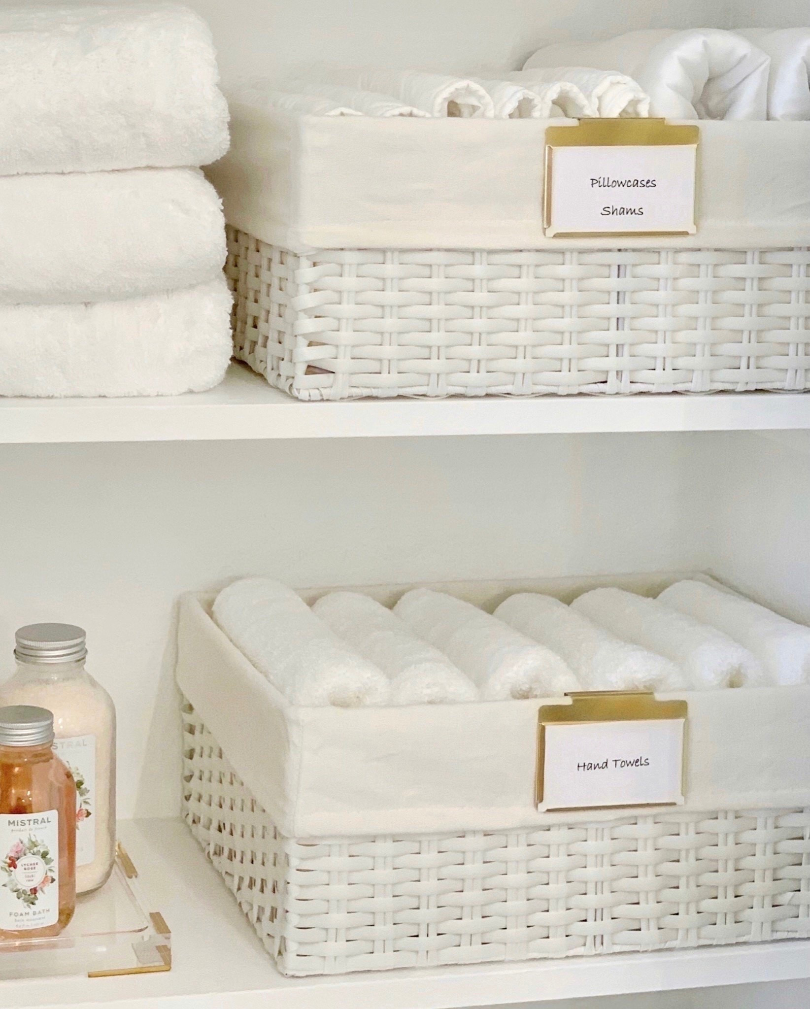 40% off storage bins today! I have the medium in white #organization linen closet organizer white baskets 