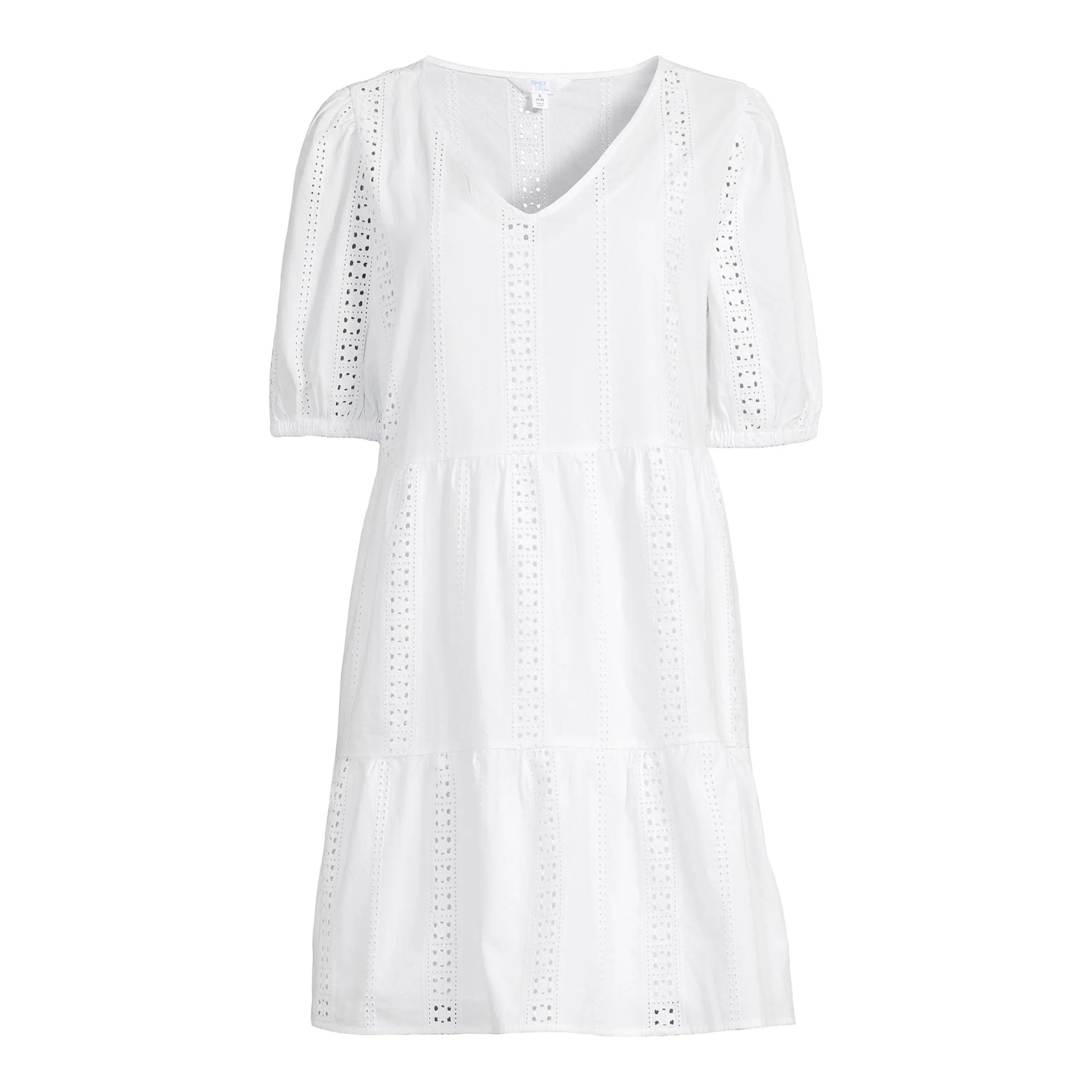 Time and Tru Women's and Women's Plus Eyelet Mini Dress with Puff Sleeves, Sizes XS-4X | Walmart (US)