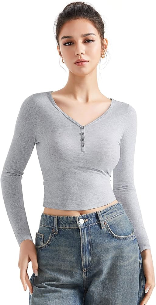 SUUKSESS Women Long Sleeve Henley T Shirts Button Down Slim Fit Tee Crop Top | Amazon (US)