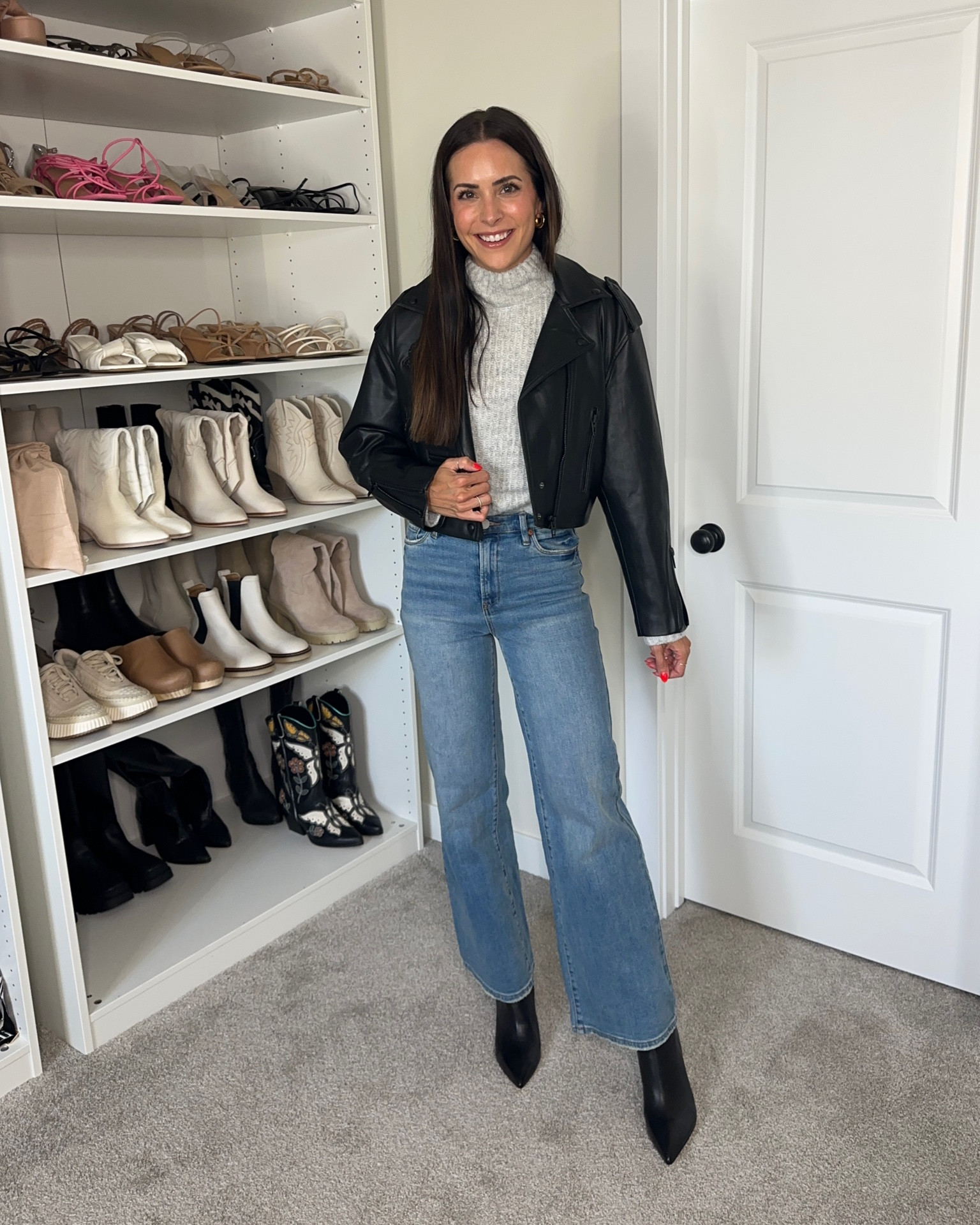 NSale outfit in stock!

Faux leather moto jacket: true to size (S) oversized fit, size down for fitted fit 
Sweater: true to size (S) 
Jeans: sized down 1 (25) 
Boots: true to size 

#LTKunder100 #LTKsalealert #LTKxNSale