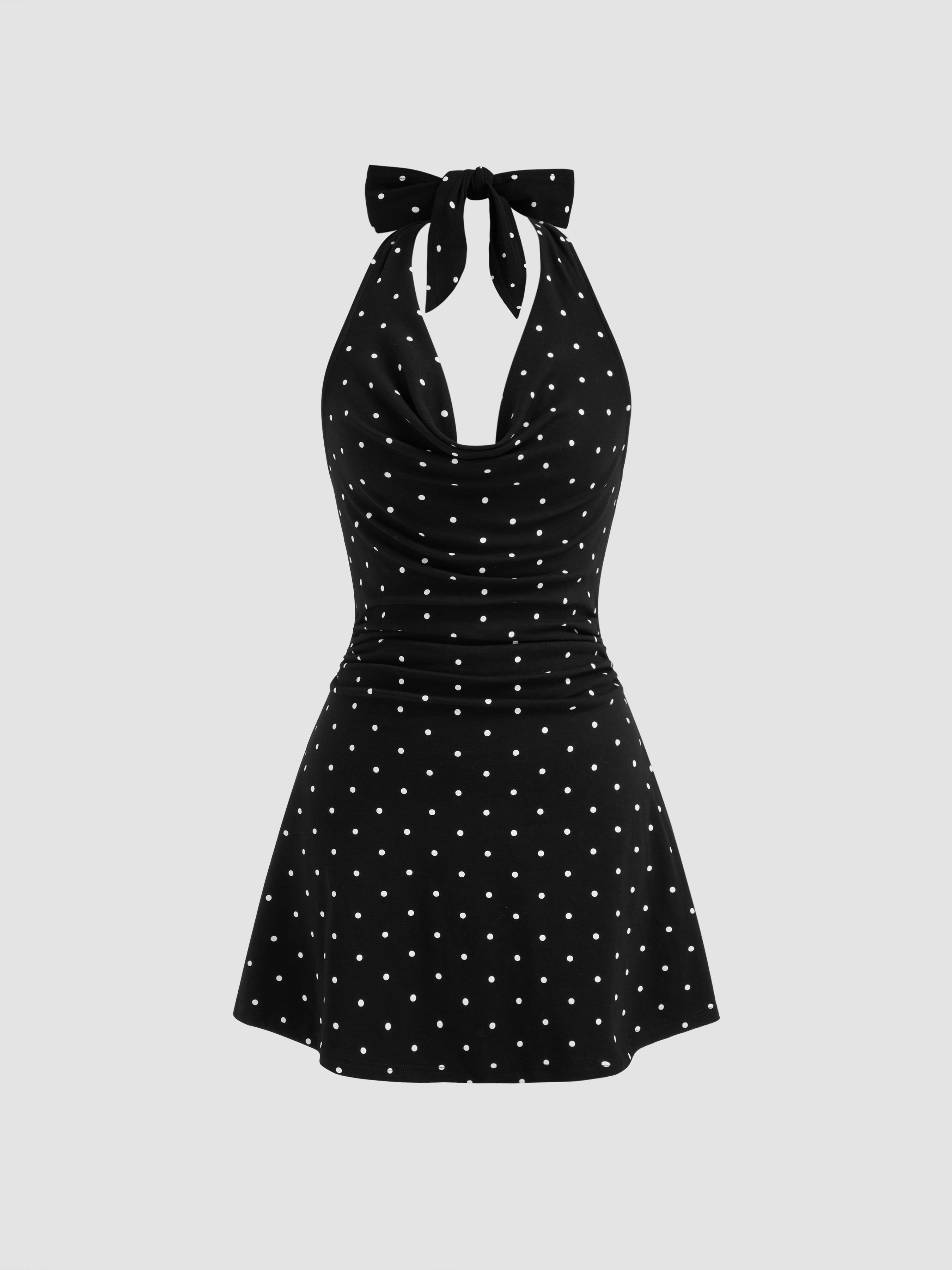 Knit Fabric Cotton-blend Halter Cowl Neck Polka Dot Knotted Mini Dress For Date | Cider
