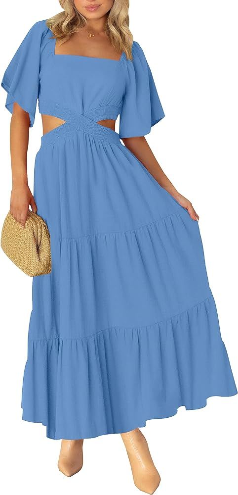 LEANI Women's 2024 Summer Cutout Maxi Dress Square Neck Short Sleeve Crossover Waist Casual Party... | Amazon (US)