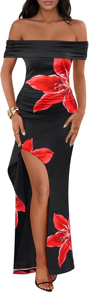 MEROKEETY Women's Floral Off Shoulder Maxi Dresses 2025 Sexy High Split Cocktail Wedding Guest Dr... | Amazon (US)