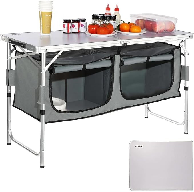 VEVOR Camping Kitchen Station, 3 Adjustable Height Folding Outdoor Camp Cooking Table with Storag... | Amazon (US)