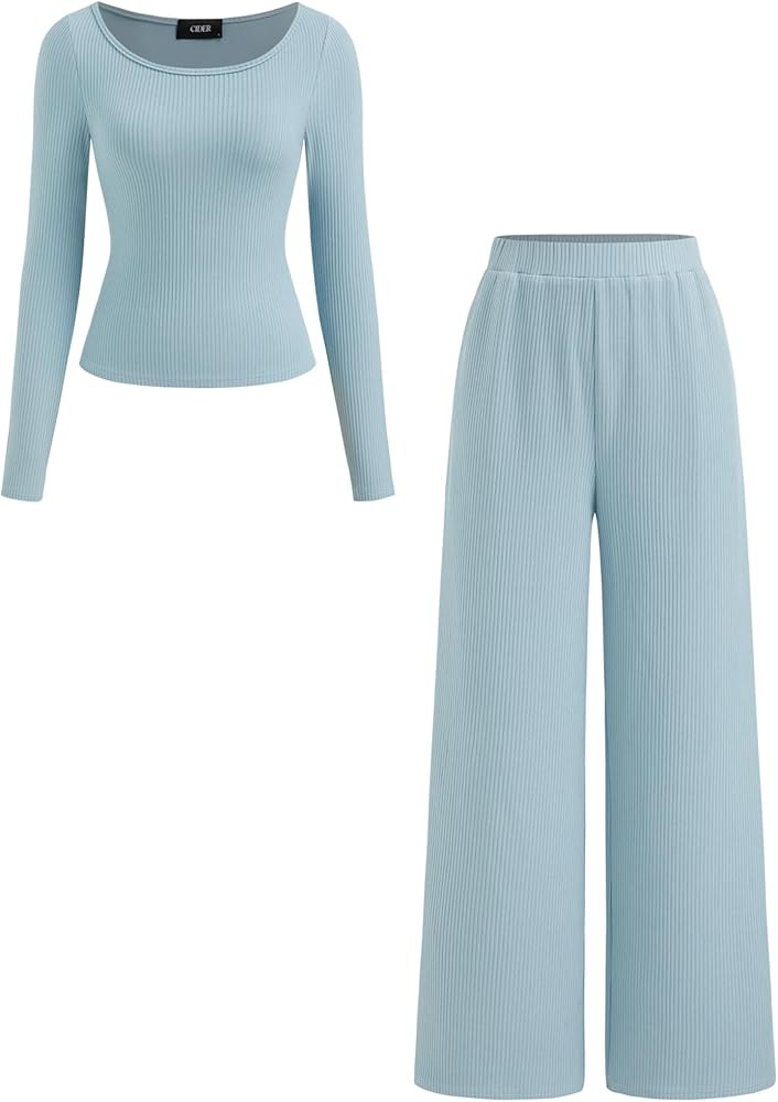 CIDER Women's 2-Piece Sets Ribbed Knit Lounge Set Long Sleeve Top Wide Leg Pants Basic Casual Fal... | Amazon (US)