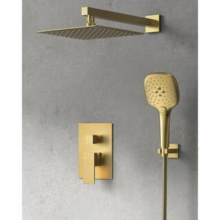 GRANDJOY 2-Spray Square High Pressure Wall Bar Shower Kit with 3 Modes Hand Shower in Brushed Gol... | The Home Depot