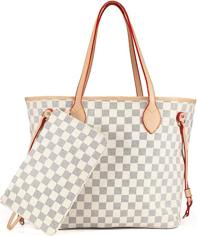 Checkered Women's Tote Handbags Shoulder Bag with inner pouch - PU Vegan Leather 12 inches MM 32 ... | Amazon (US)