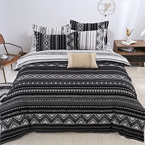 Boho Aztec Comforter Set Queen, Black Reversible Striped White Bohoemian Bedding Set with 2 Pillowca | Amazon (US)