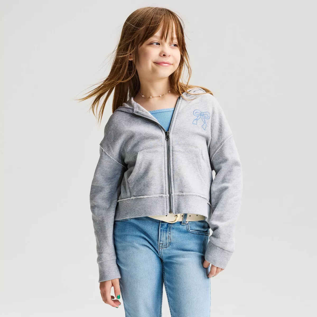 Girls' French Terry 'Bow' Graphic Hoodie Zip-Up Sweatshirt - Cat & Jack\u2122 Heather Gray XS | Target