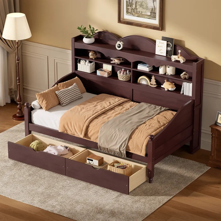 Harper & Bright Designs Twin Daybed with Storage Drawers & Bookcase Headboard, Wooden Day Bed Fra... | Walmart (US)