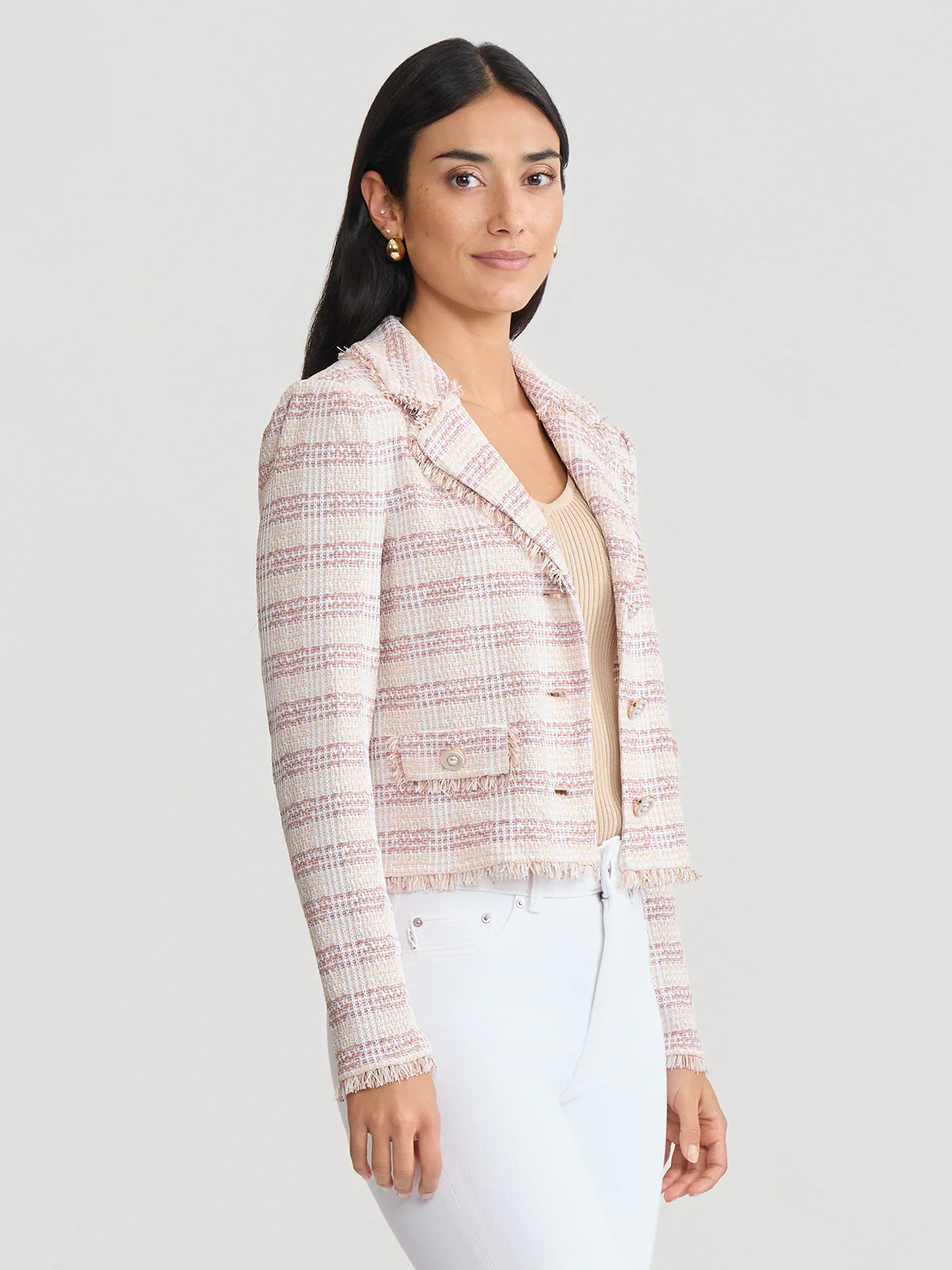 Relaxed Plaid Fringe Trim Knit Jacket | Misook