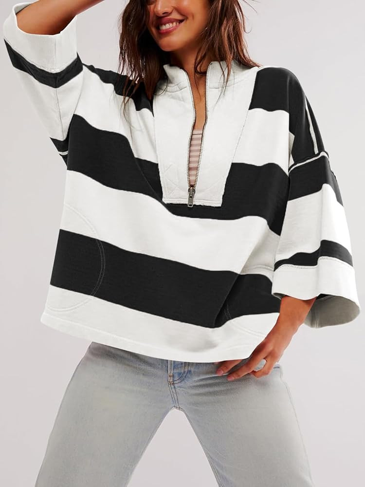 utcoco Oversized Sweatshirt for Women Striped Half Zip Long Sleeve Shirts Hoodies Color Block Pre... | Amazon (US)