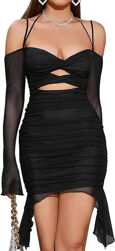 GLNEGE Sexy Long Sleeve Off Shoulder Dress Ruched Bodycon Ruffle Cut Out Dresses Mini Club Outfit... | Amazon (US)