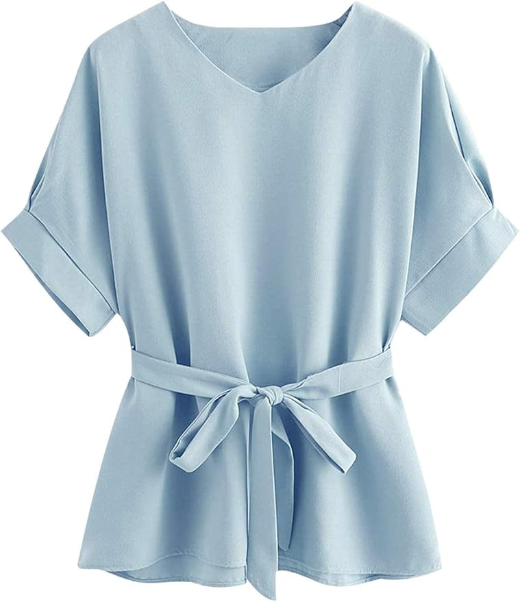 Milumia Women's Casual V Neckline Self Tie Short Sleeve Work Blouse Tunic Tops | Amazon (US)