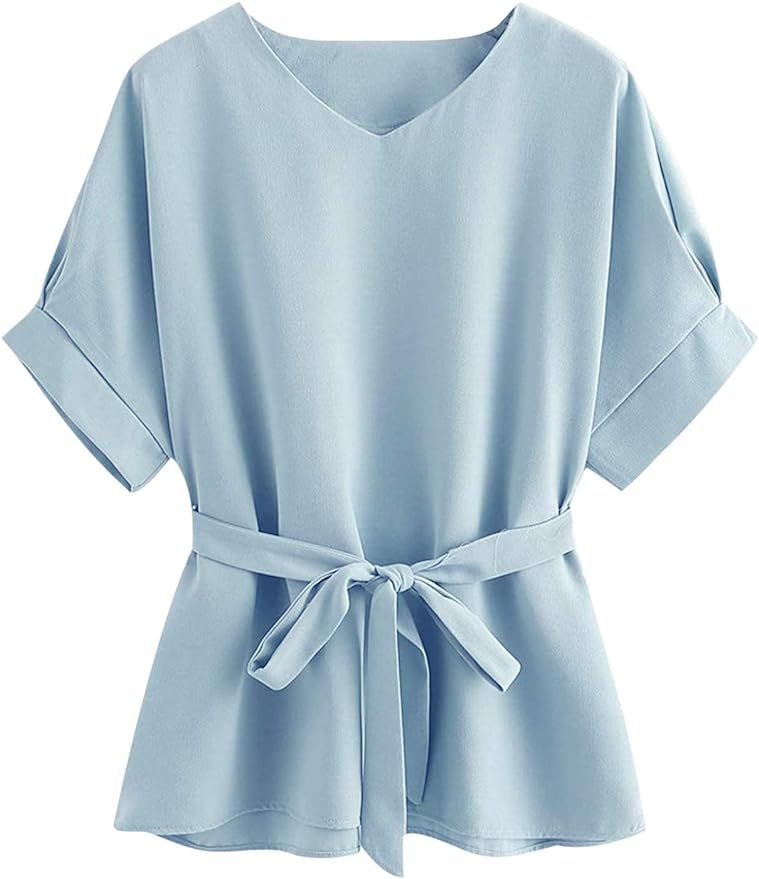 Milumia Women's Casual V Neckline Self Tie Short Sleeve Work Blouse Tunic Tops | Amazon (US)