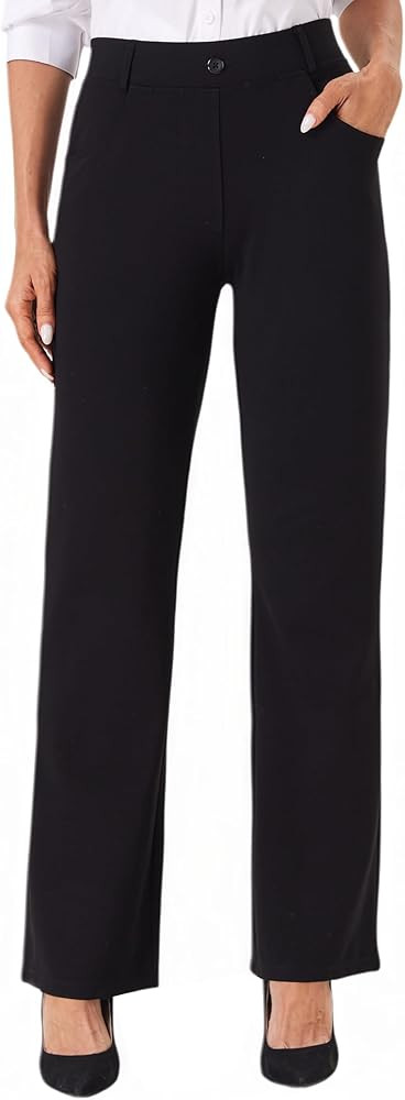 Womens Straight Leg Dress Pants Stretchy Bootcut Work Pants Button Casual Slacks with Pockets | Amazon (US)