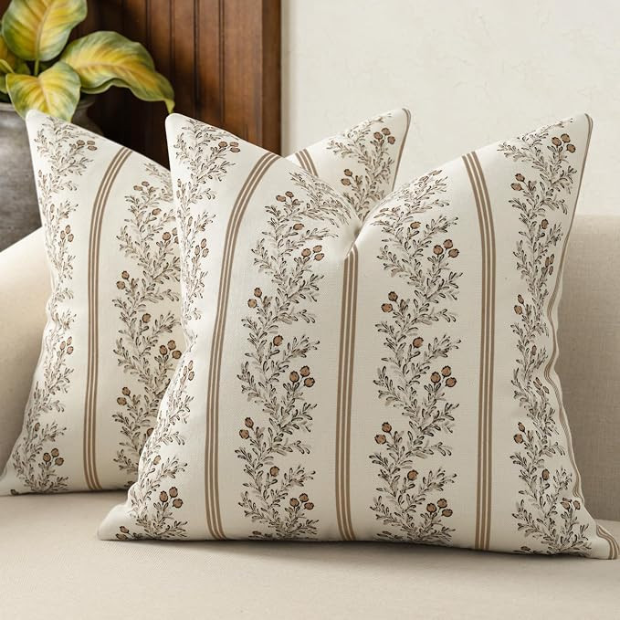 Vintage Throw Pillow Covers 18x18 Set of 2 Striped Floral Pillow Cover | Botanical Patterned Deco... | Amazon (US)