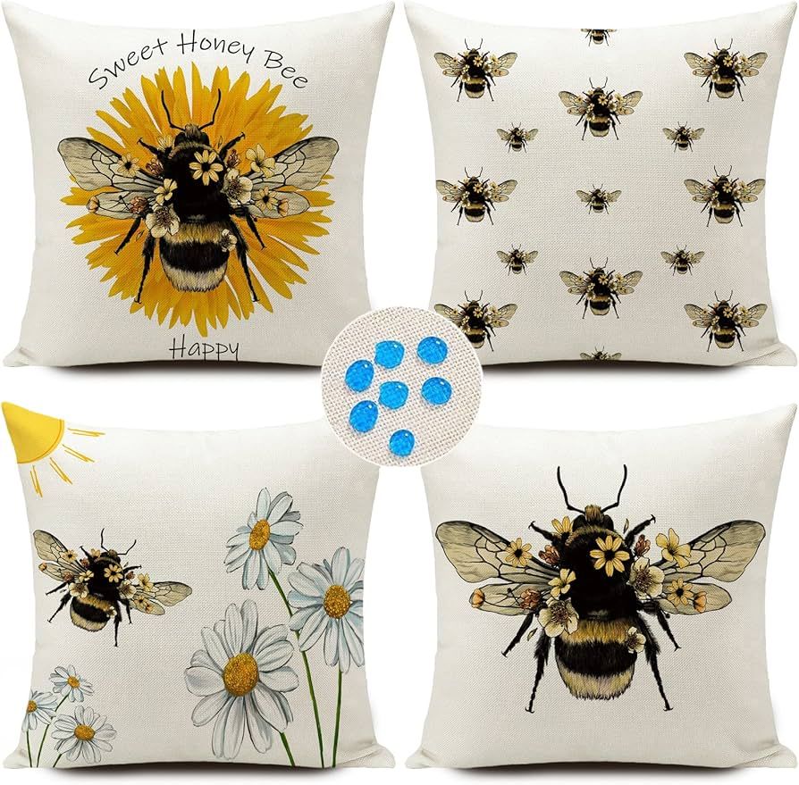 Outdoor Waterproof Throw Pillow Covers Bee Cushions Pillows Case 18x18 Inch Set of 4 Patio Furnit... | Amazon (US)