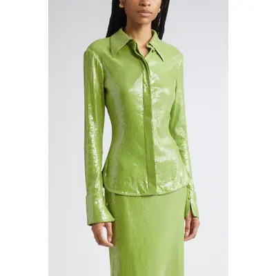 Oscar de la Renta Sequin Jersey Button-Up Shirt in Fern at Nordstrom, Size 6 | Nordstrom