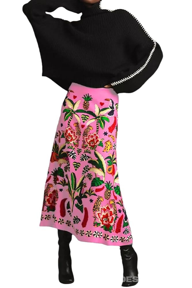 THLAI Womens Skirt Midi Skirt Tropical Plant Print Pink Zipper A-Line Long Skirts Spring Summer S... | Amazon (US)
