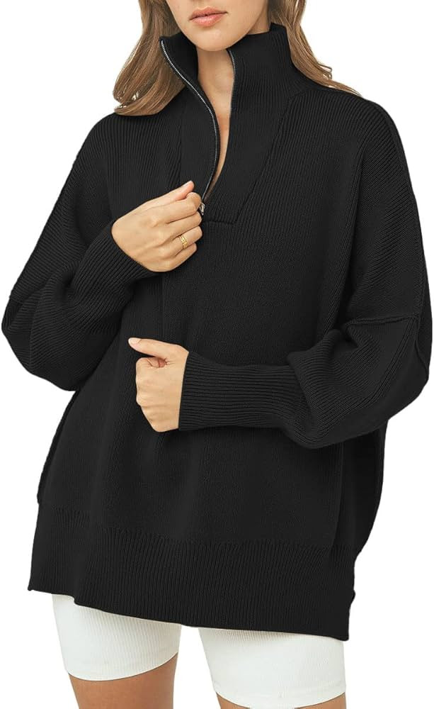 LILLUSORY Women's Long Sleeve 1/4 Zipper Collar Drop Shoulder Oversized Split Hem Slouchy Sweatsh... | Amazon (US)