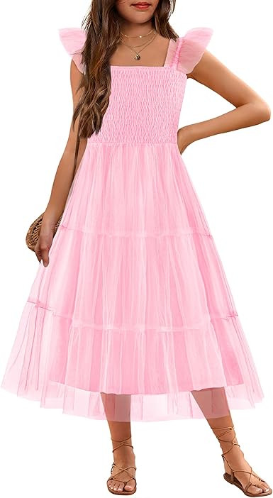 Arshiner Tween Girls Dress Ruffle Sleeve Elastic Straps Smocked A-Line Tulle Summer Long Patry Bi... | Amazon (US)