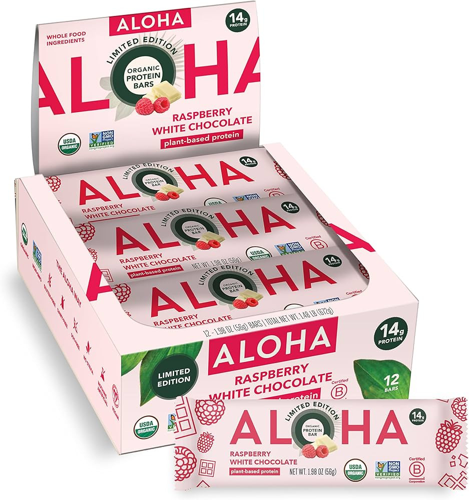 ALOHA Organic Plant Based Protein Bars | Raspberry White Chocolate | 12 Count, 1.98oz Bars | Vega... | Amazon (US)