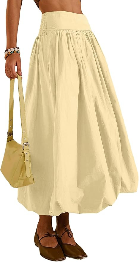 Women's Bubble Long Skirt Elastic Waist A-Line Pleated Ruffle Flowy Balloon Maxi Skirts with Pock... | Amazon (US)