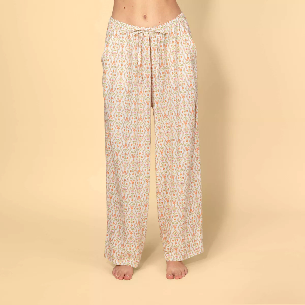 Solid & Striped Women's Mid-Rise Drawstring Poplin Pull-On Pants - Cream/Orange Floral S | Target