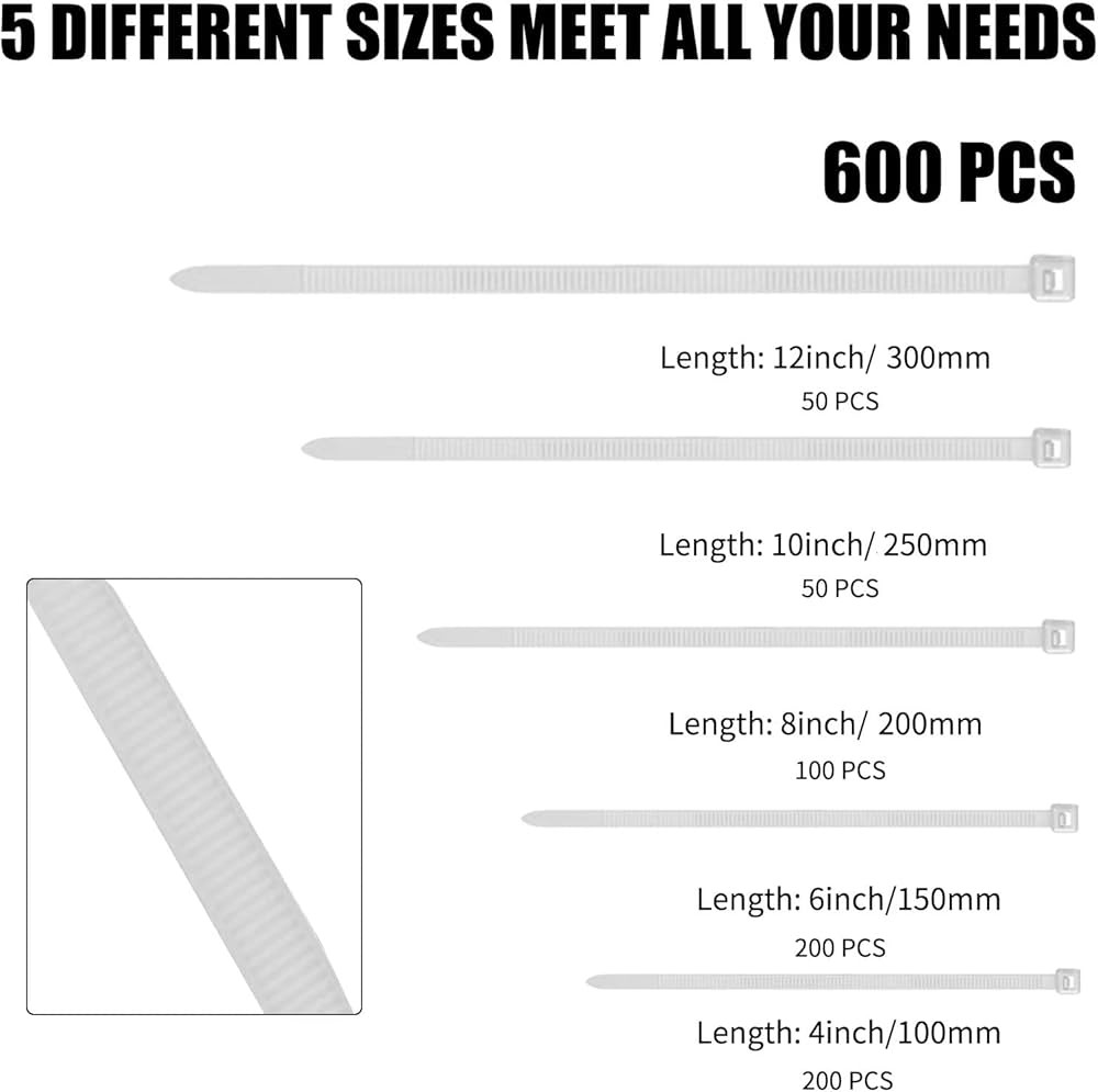 Cable Zip Ties,600 Piece Self-Locking Nylon CableTies,Assorted Sizes 4+6+8+10+12-Inch,Multi-Purpo... | Amazon (US)