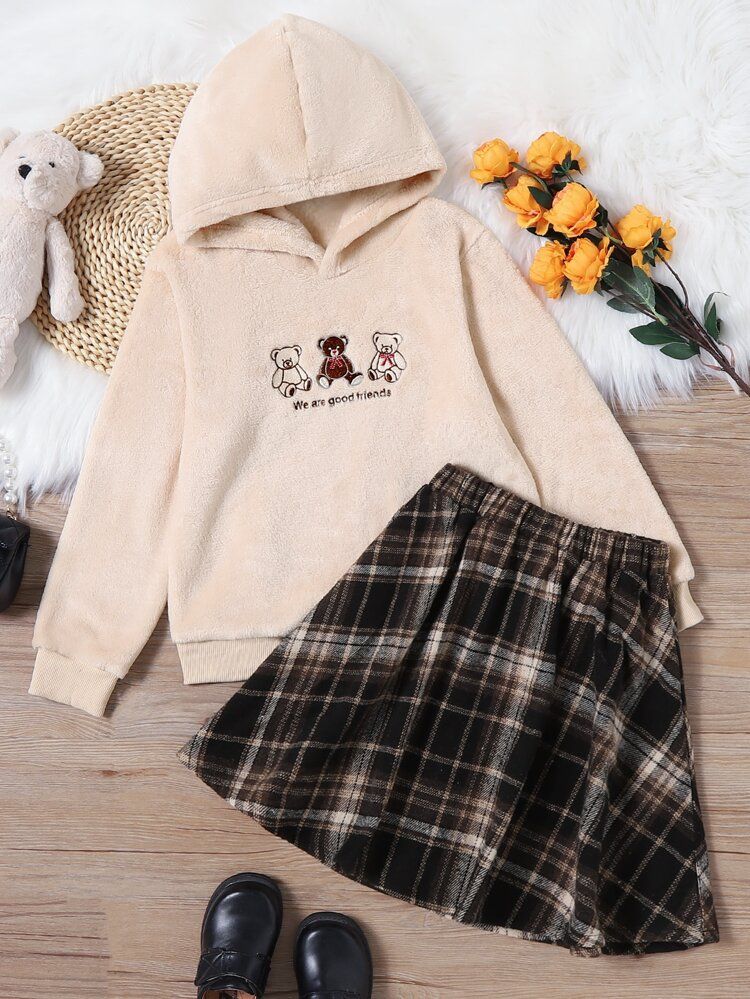 Girls Bear & Letter Embroidery Teddy Hoodie & Plaid Skirt | SHEIN