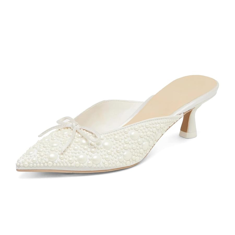 Women Kitten Heel Mules Crystal Flower Decor Mesh Pointed Toe Low Heel Casual Pumps | Amazon (US)