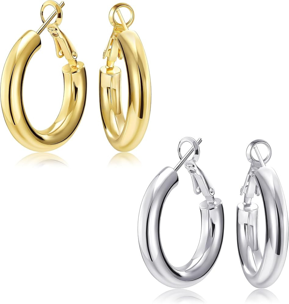 SHOWNII Chunky Gold Hoop Earrings, 14K Gold Plated Chunky Tube Hoop Earrings for Women Lightweigh... | Amazon (US)