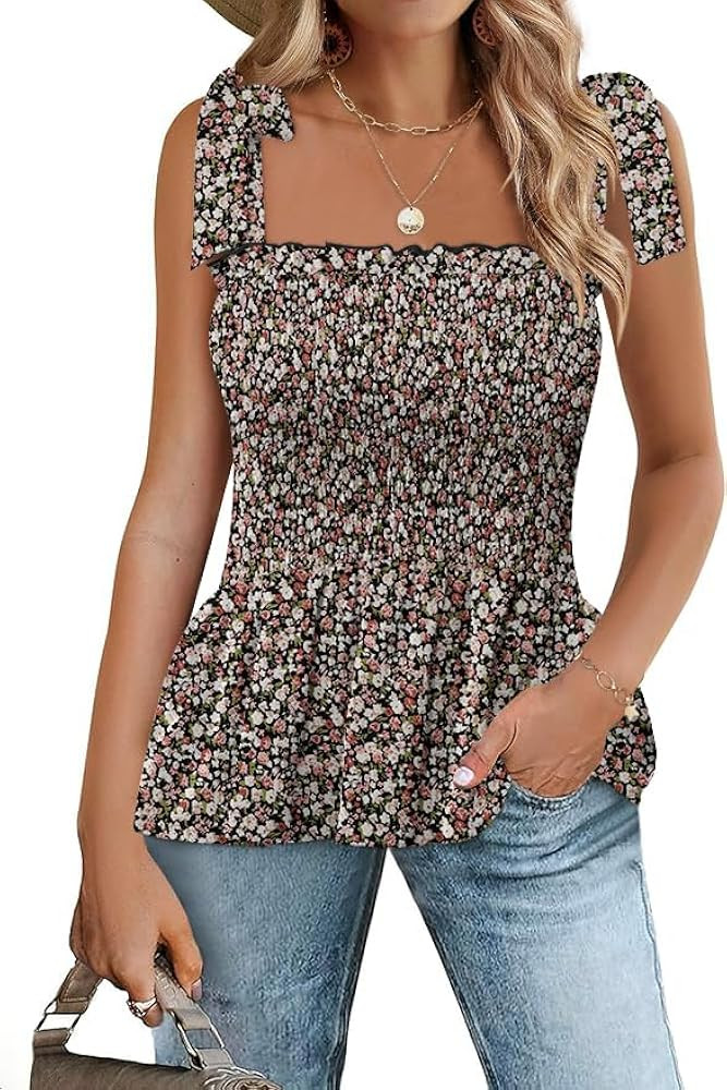 Micoson Ruffle Tank Tops for Women Summer Square Neck Sleeveless Tops Tie Shoulder Chiffon Blouse... | Amazon (US)