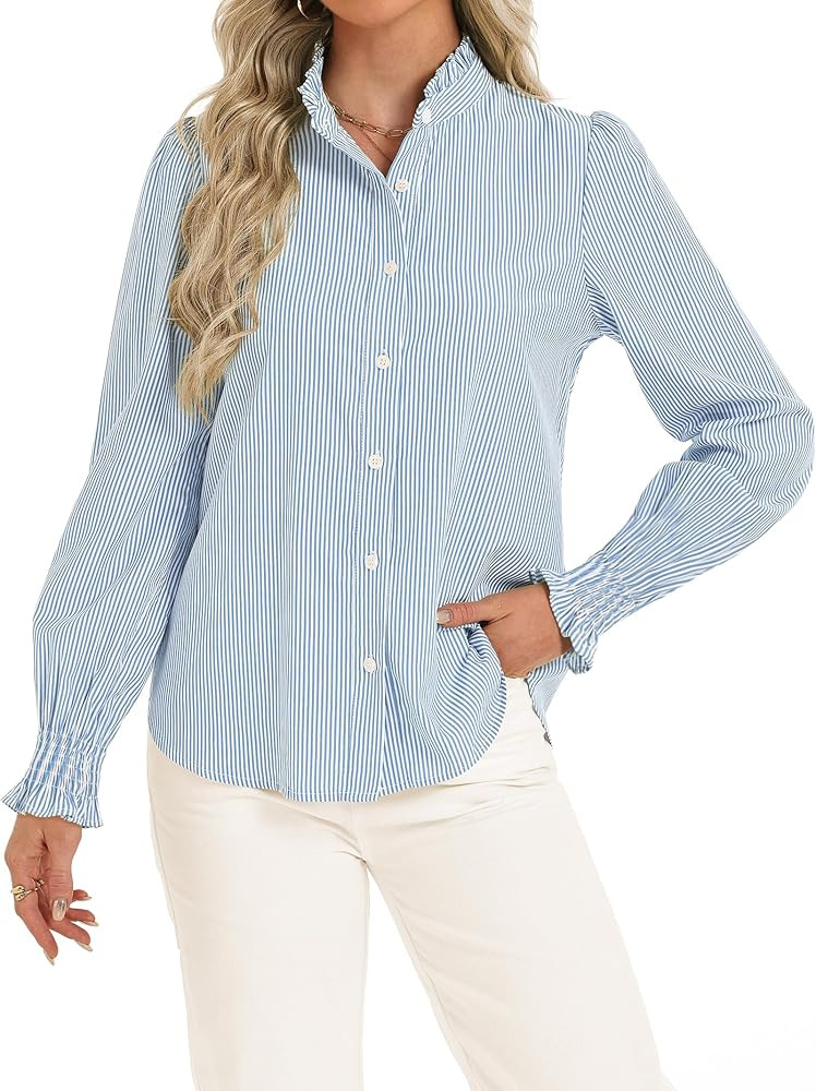 Funlingo Women's Striped Button Down Shirts Long Sleeve Smocked Cuffed Ruffle Collar Blouses Spri... | Amazon (US)