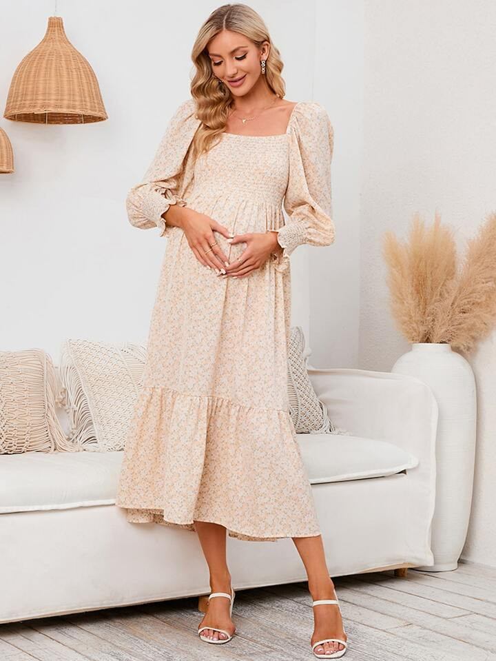 Maternity Ditsy Floral Print Square Neck Ruffle Hem Dress | SHEIN