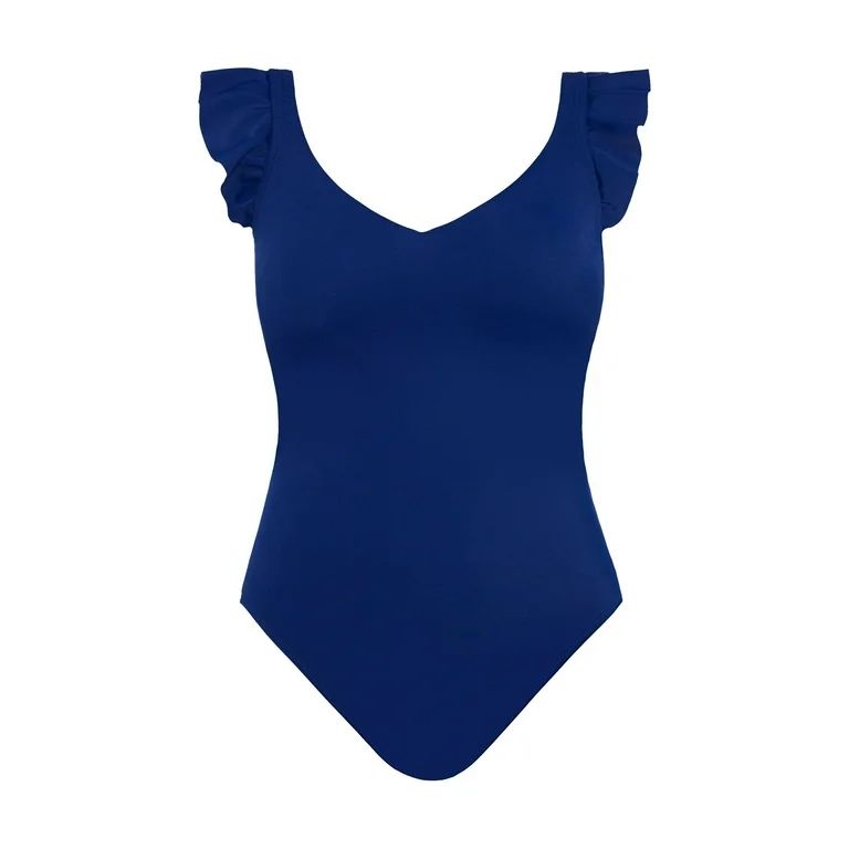 Time and Tru Women's and Plus Solid Ruffle Strap One Piece Swimsuit, Sizes S-3X | Walmart (US)
