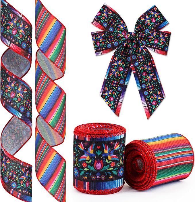2 Rolls Mexican Ribbons Wired for Wreath Bow Wrapping Gifts, Serape Cinco De Mayo Ribbon for Gift... | Amazon (US)