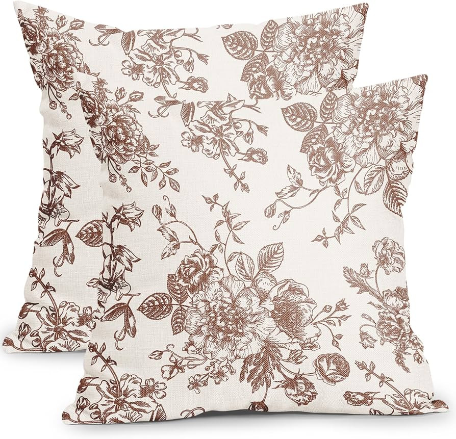 Vintage Floral Pillow Covers 18x18 Inch Set of 2 Light Brown and Cream Floral Throw Pillow Covers... | Amazon (US)
