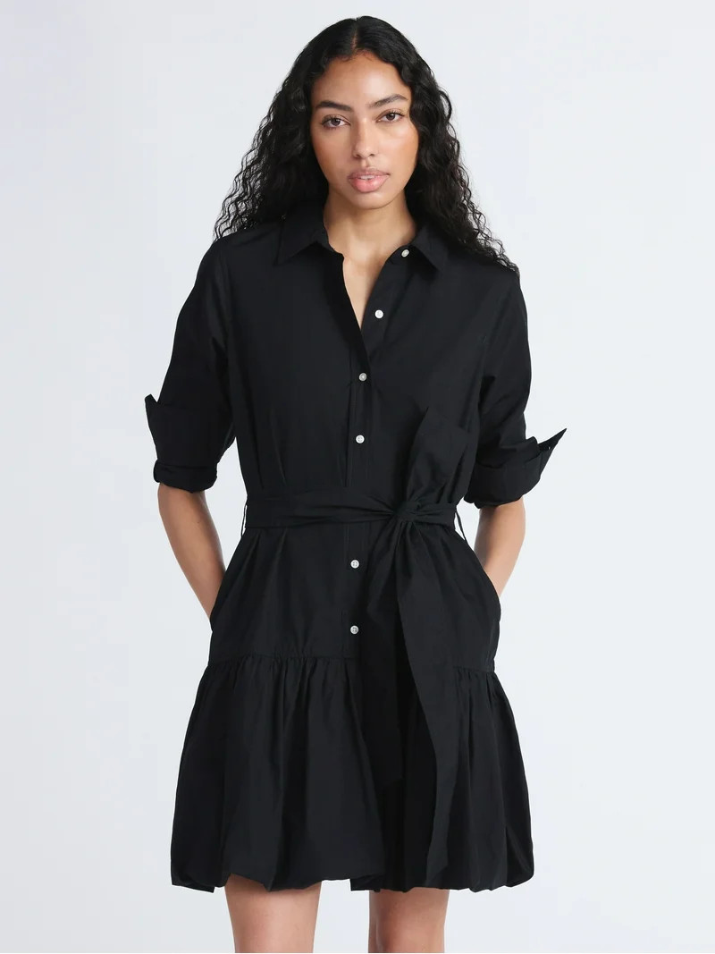 Free Assembly Women's Belted Bubble Hem Cotton Mini Dress with Long Sleeves, Sizes XS-XXL - Walma... | Walmart (US)