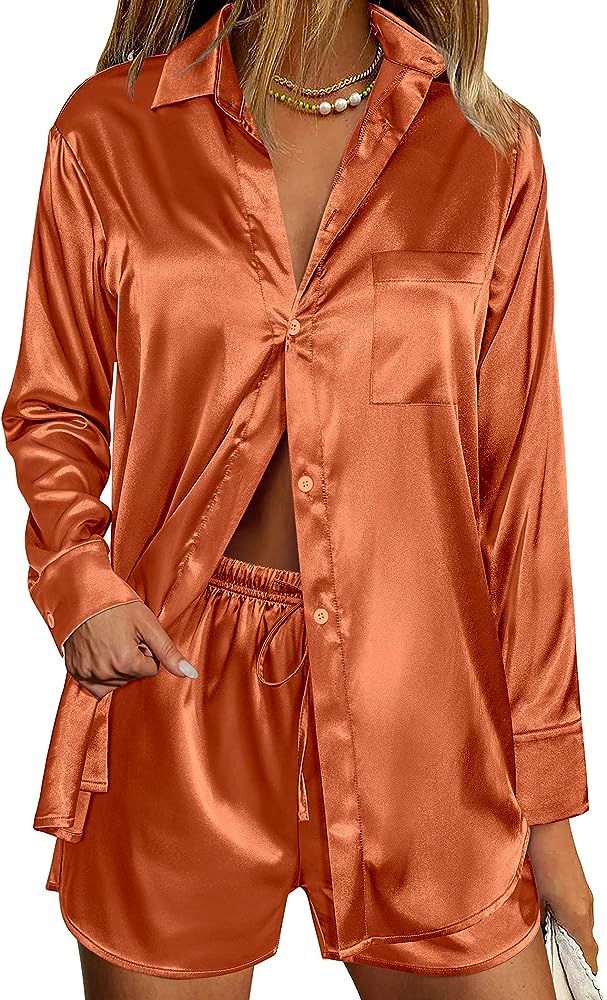 Ekouaer Womens Two Piece Satin Pajama Set Long Sleeve Lounge Sets Button Down Shirts and Shorts P... | Amazon (US)