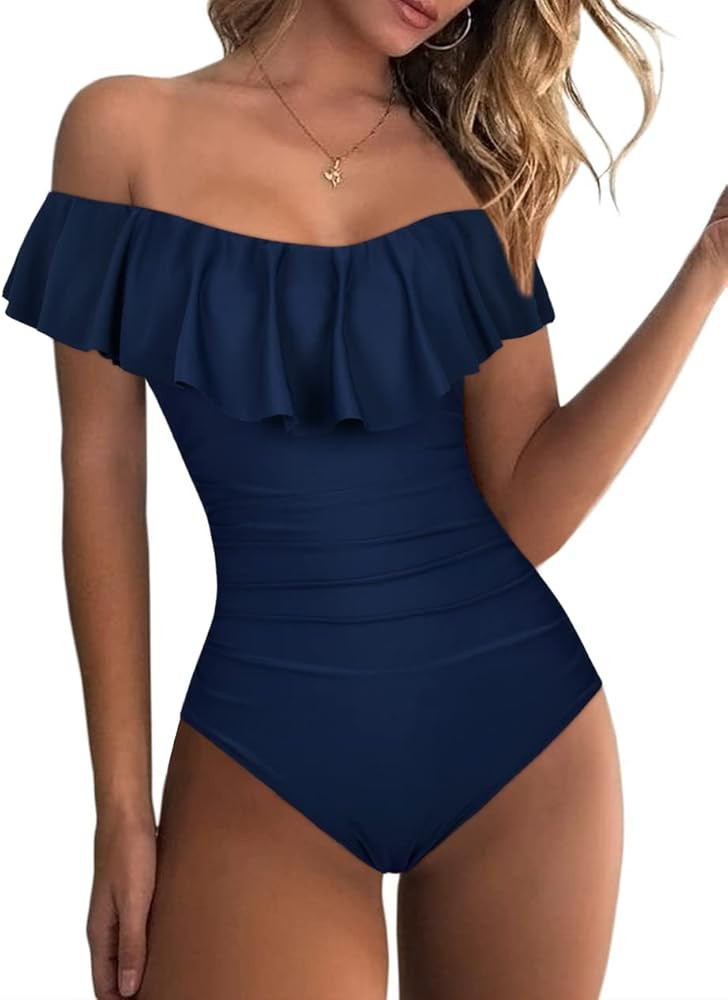 Hilor Women's Off Shoulder One Piece Swimsuits Retro Tummy Control Swimwear Flounce Ruffled Bathi... | Amazon (US)