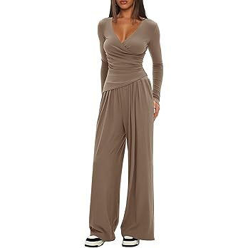 Darong Women's 2 Piece Lounge Outfits Sets Warp V Neck Short/Long Sleeve Shirts and Wide Leg Pant... | Amazon (US)