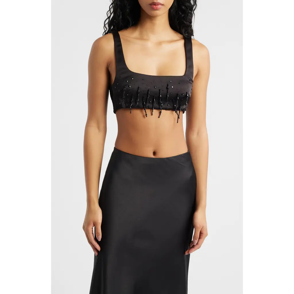 MANGO Sleeveless Beaded Satin Crop Top in Black at Nordstrom Rack, Size Medium | Nordstrom Rack