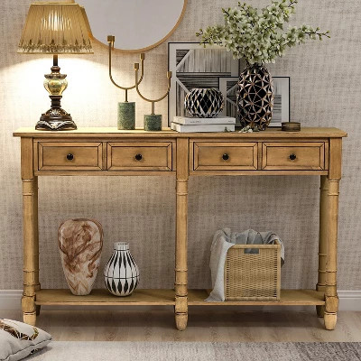 GDFStudio Johnson 58" Solid Wood Console Table with Storage Drawers and Bottom Shelf, Old Pine | Target