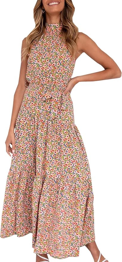 ECOWISH Women Dress Halter Neck Boho Floral Print Sleeveless Casual Backless Maxi Dresses | Amazon (US)